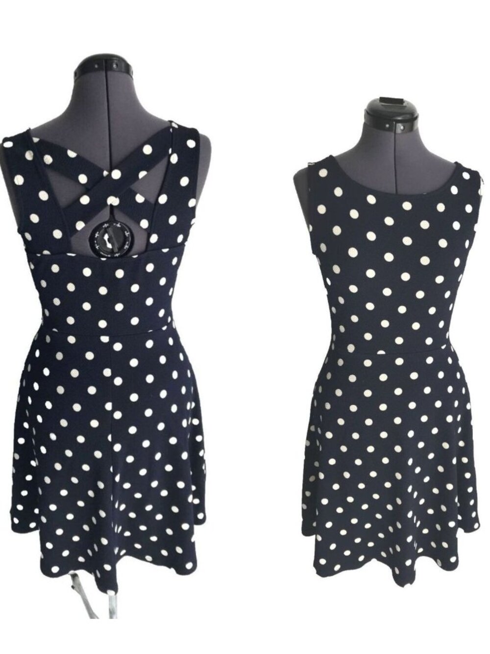Gilli Black/Cream Polka Dot Textured Dress Sundress, Size M, Crisscrossed Back